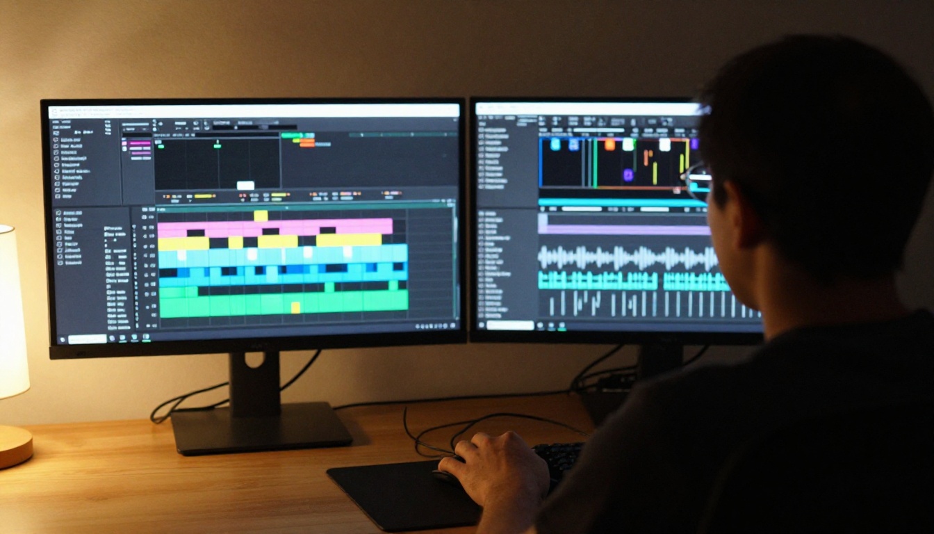 Video editor seen from behind at a dual monitor setup with a multi-track timeline