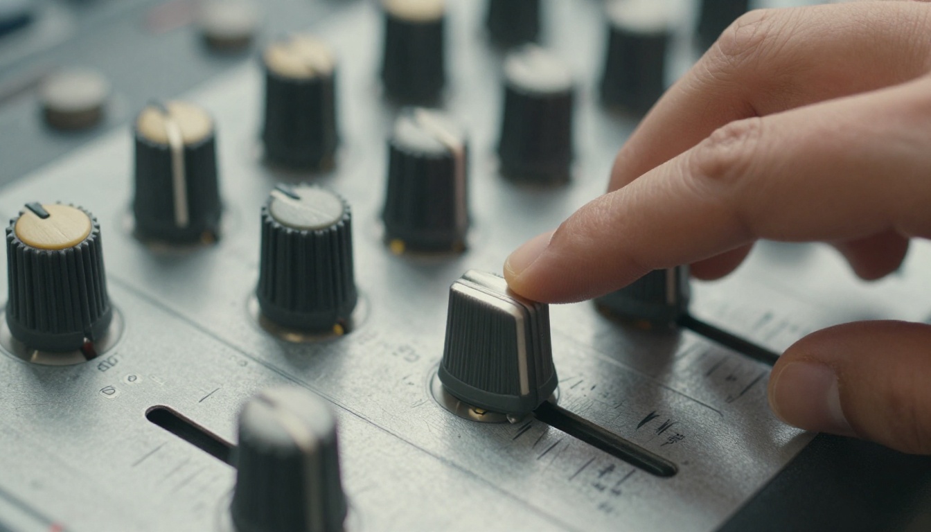 A hand adjusting a rotary knob on a compact analog mixing console