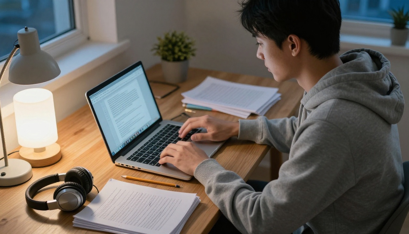 Young man typing a manuscript at a desk beside printed pages and studio headphones