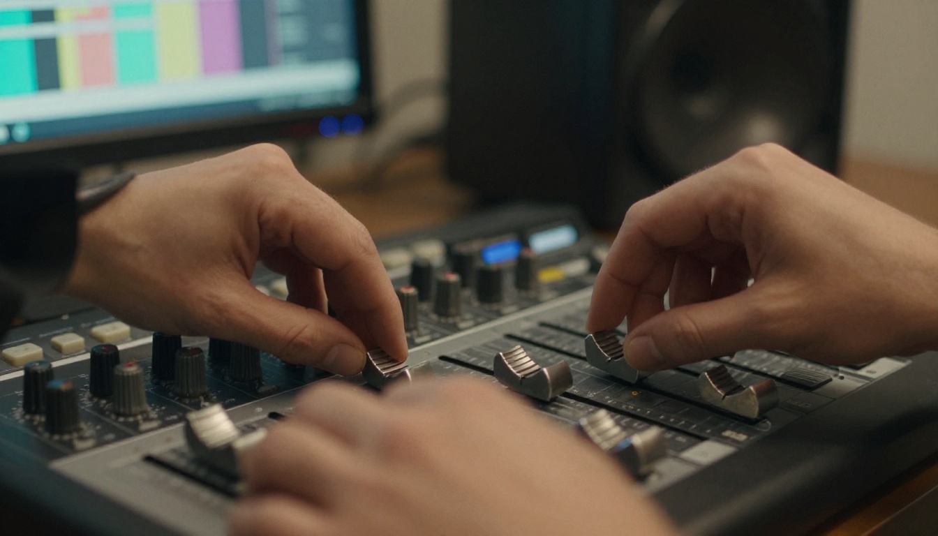 Hands adjusting faders on a compact audio mixing control surface