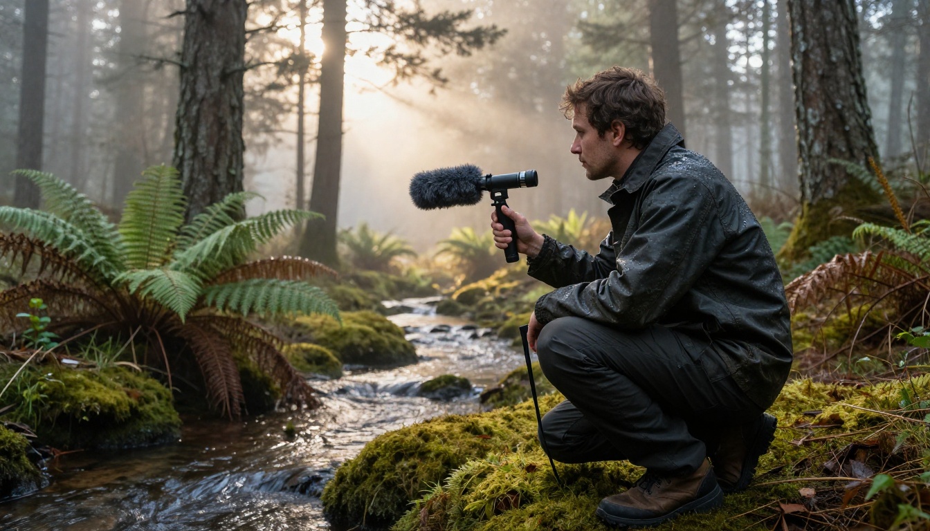 A field recordist holding a shotgun microphone toward a forest stream