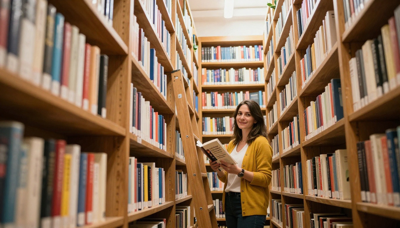 Woman author smiling in a bookstore aisle holding her freshly printed paperback