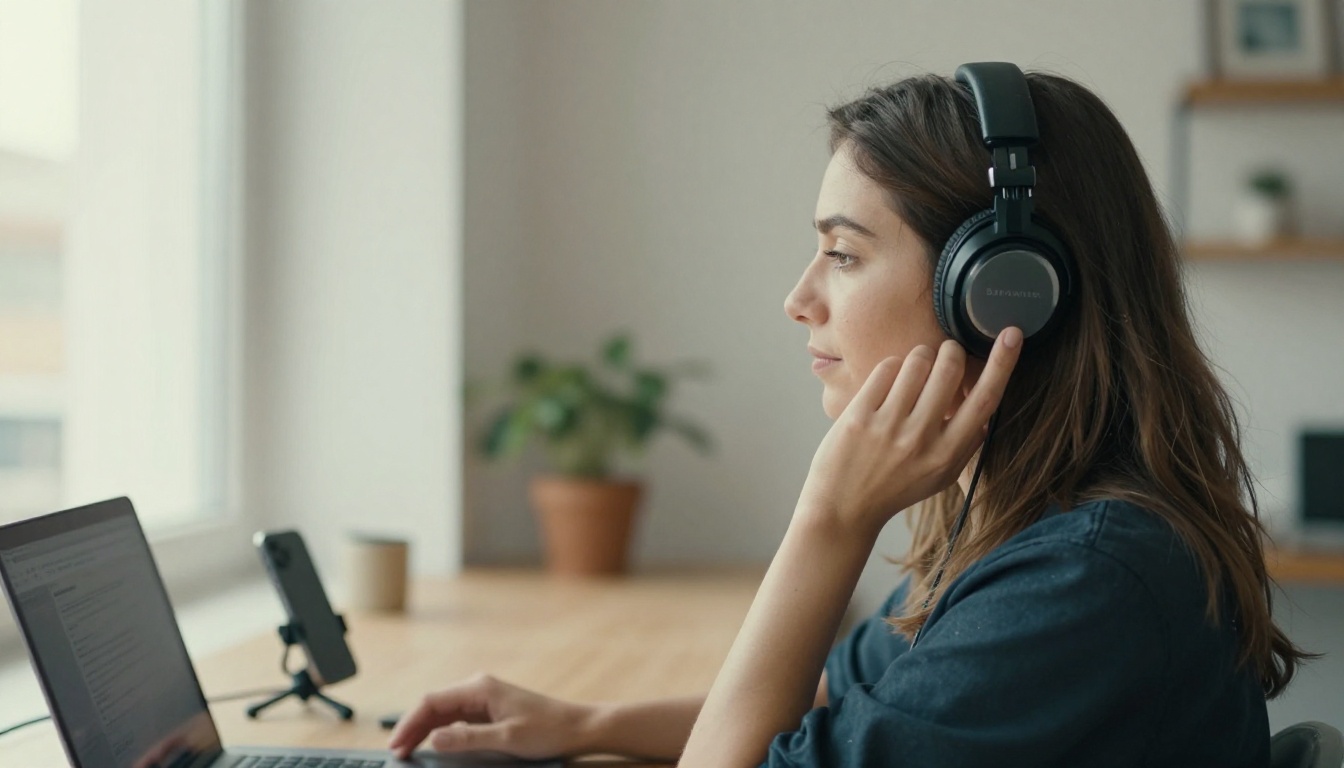 Woman in headphones listening in a bright coworking space with a tripod in the foreground