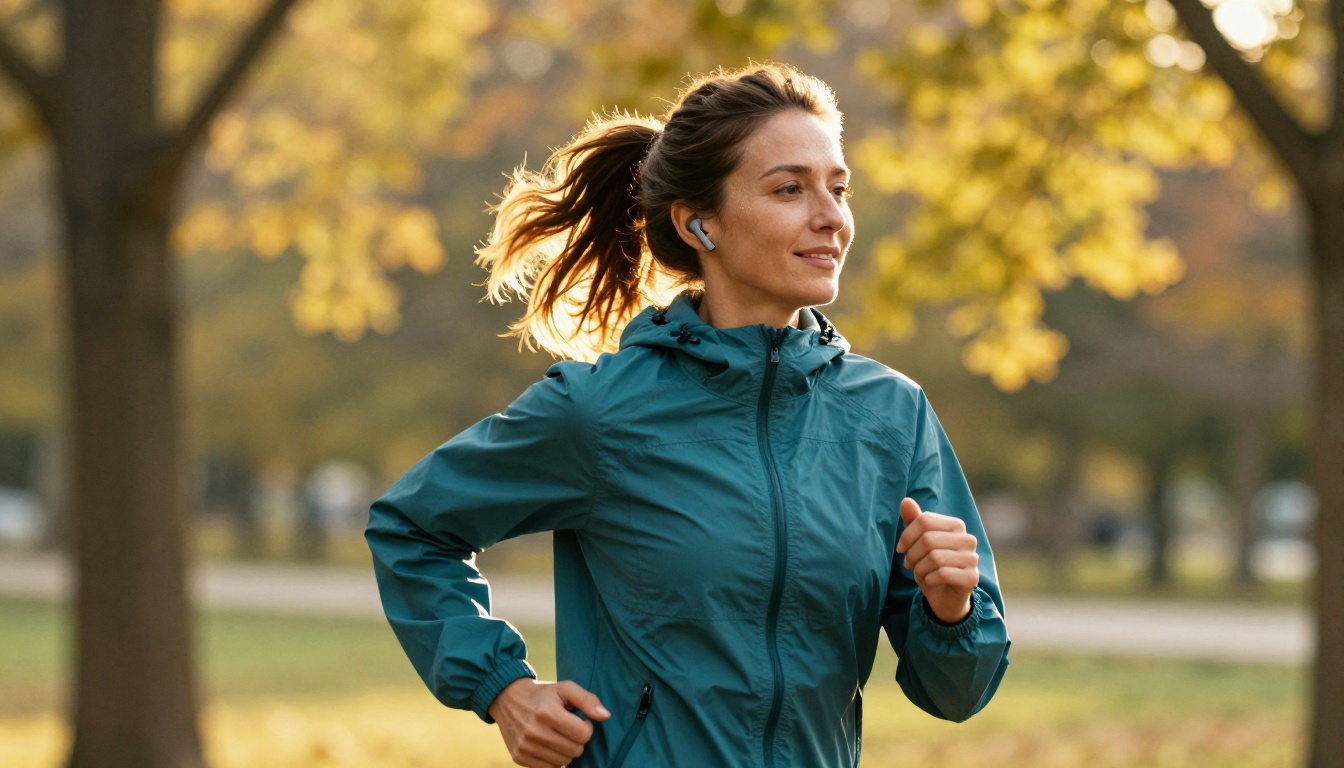Woman jogging along a park path at golden hour wearing wireless earbuds
