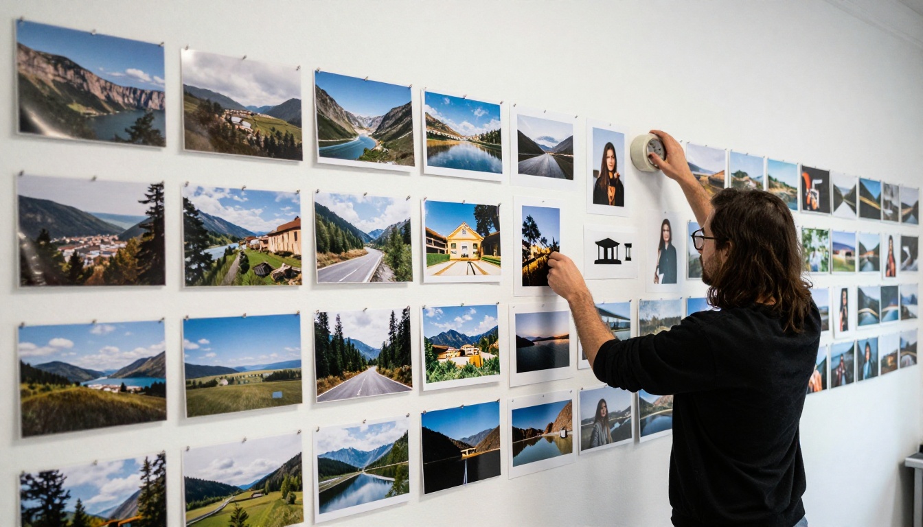 Designer pinning printed photographs to a white wall as a visual mood board