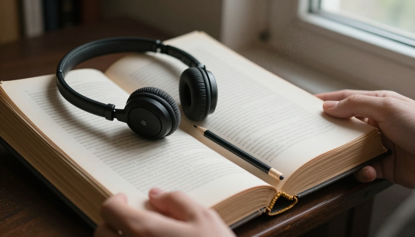 Hands holding an old clothbound book with headphones resting on its pages