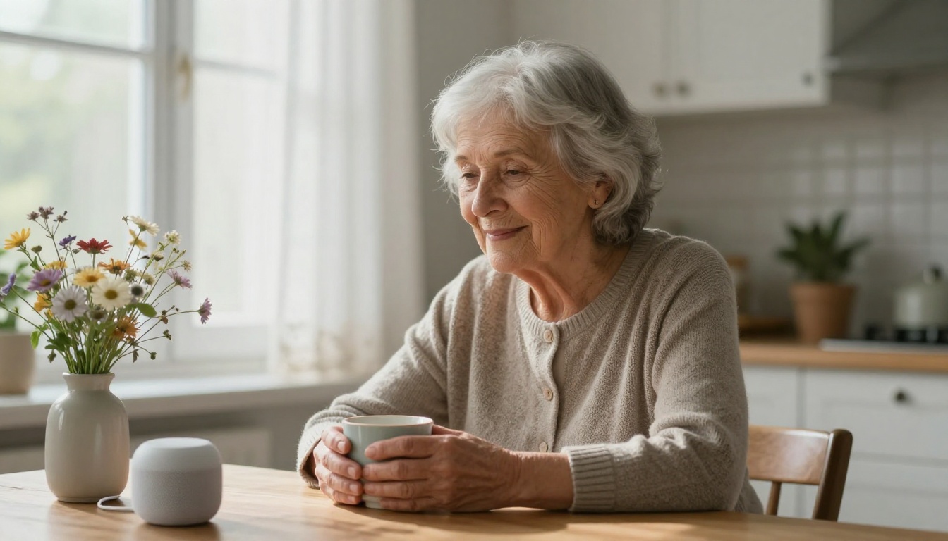 Elderly woman listening to a story from a smart speaker at her sunlit kitchen table