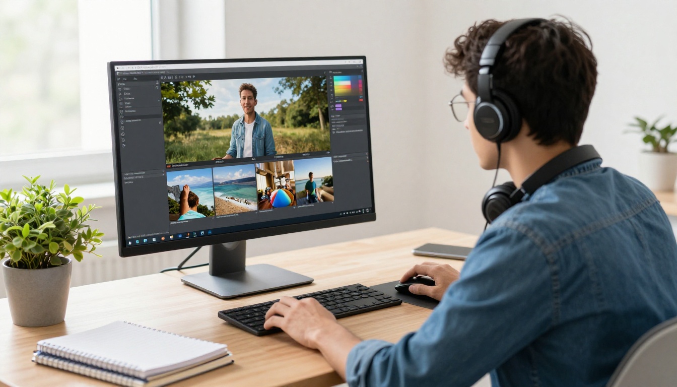 A video editor working on a travel vlog timeline with headphones around the neck