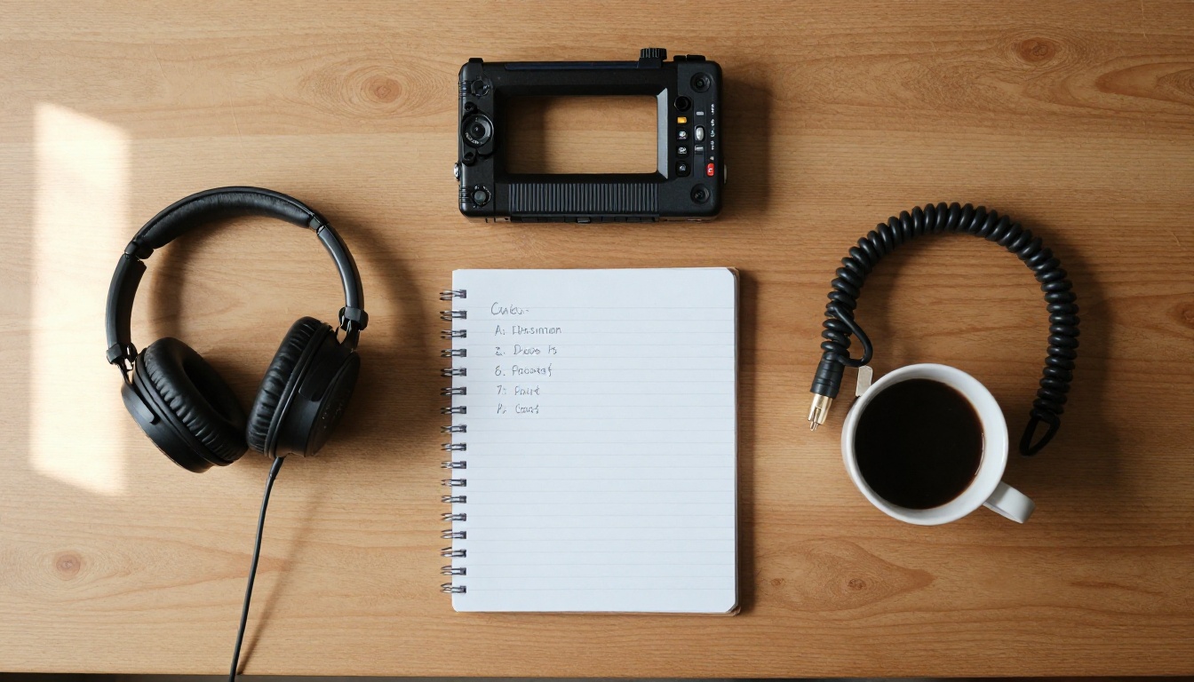 Flat lay of studio headphones, a field recorder and a cue list notebook on a wooden desk