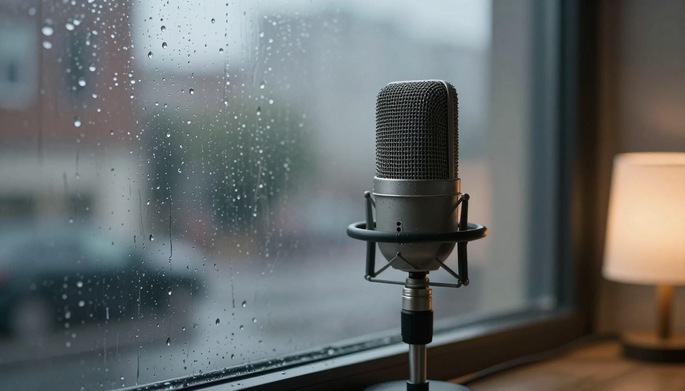 A condenser microphone pointed at a rain streaked window