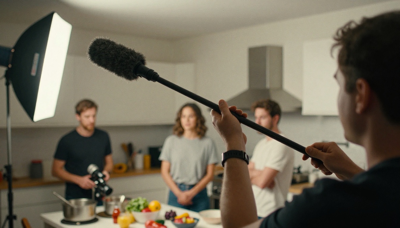 A boom operator holding a microphone in a furry windscreen above actors in a kitchen scene