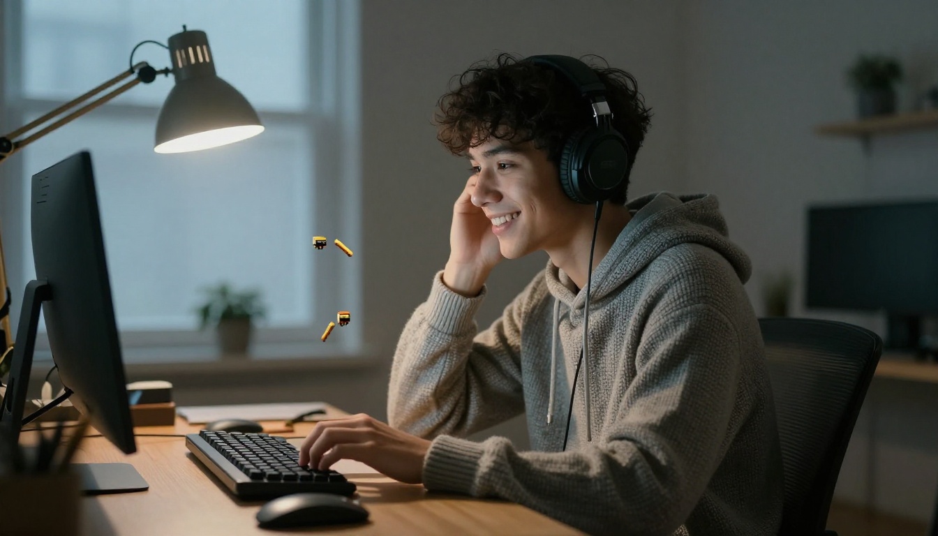 A game developer testing a platformer build at night with open back headphones