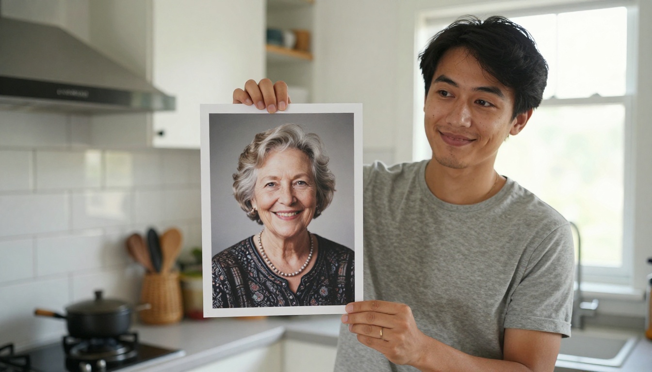 A young man in a farmhouse kitchen holds up a printed portrait of a smiling elderly woman
