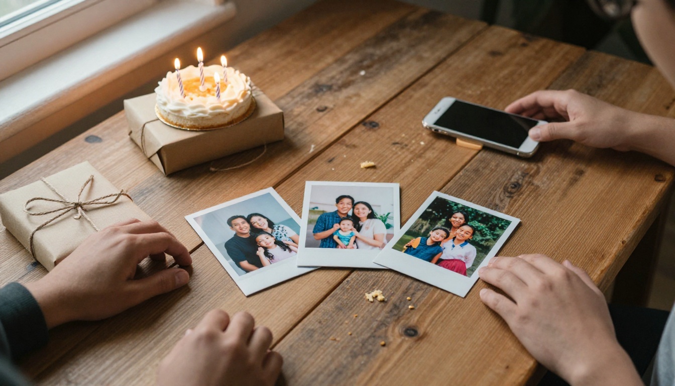Overhead view of a birthday cake, printed family photographs and a smartphone on a rustic wooden table
