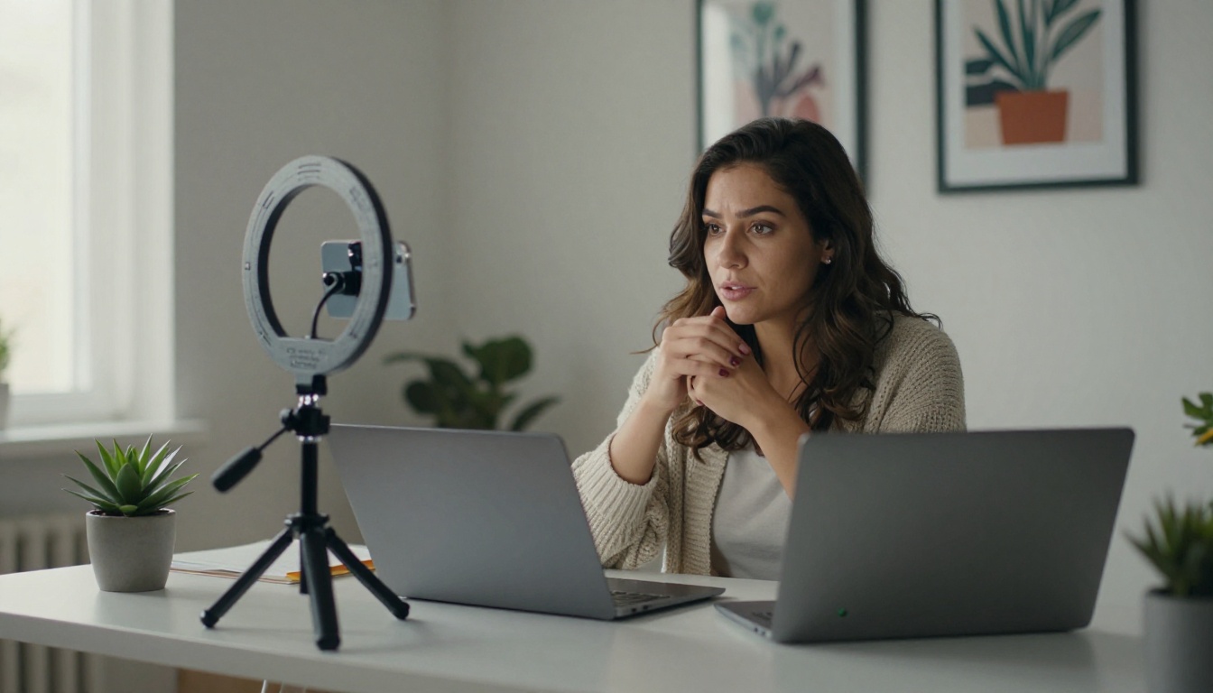 A woman at a home desk with a ring light and a phone on a tripod recording a short video