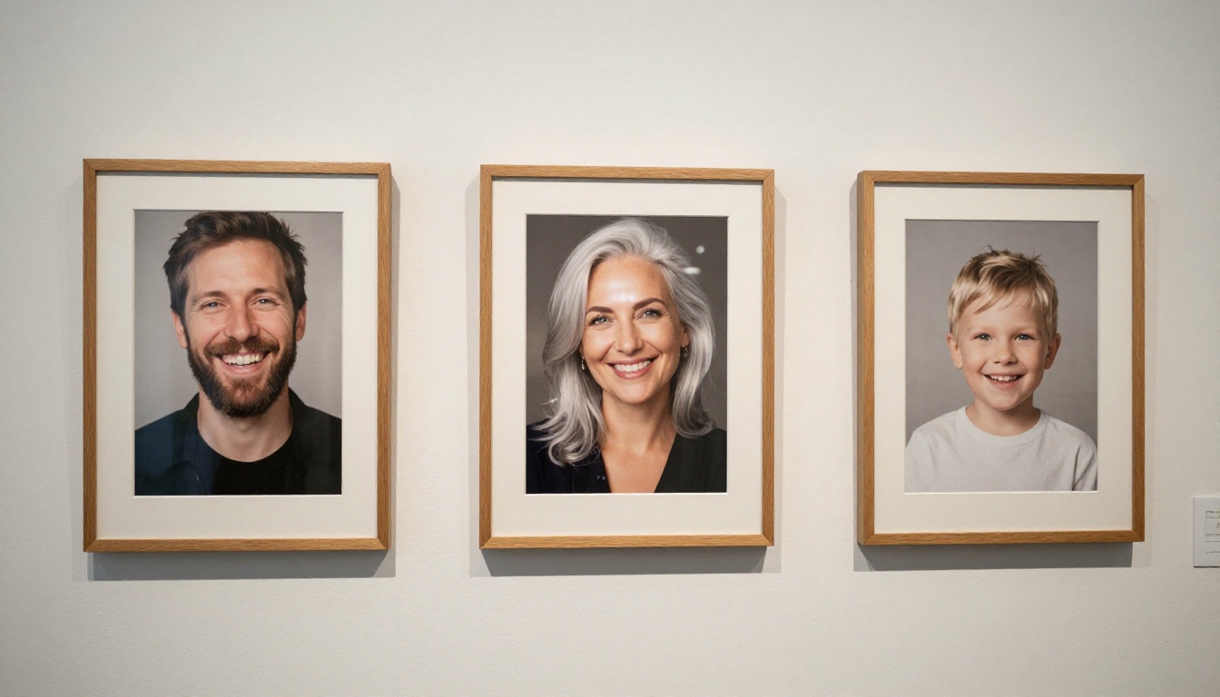 Three framed portrait photographs of a man, a woman and a child on a plaster wall