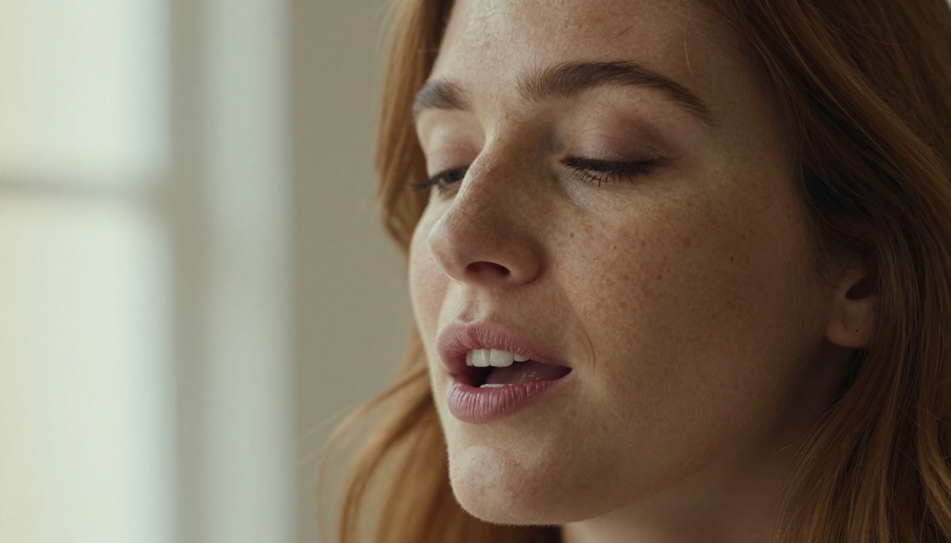 Close-up portrait of a freckled woman with chestnut hair singing with her eyes closed
