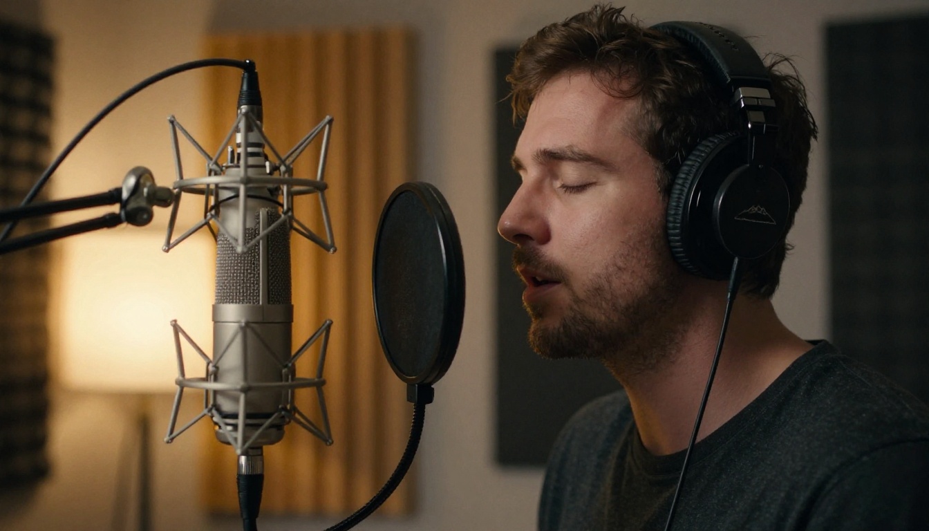 A male singer in profile recording vocals into a condenser microphone in a dim home studio