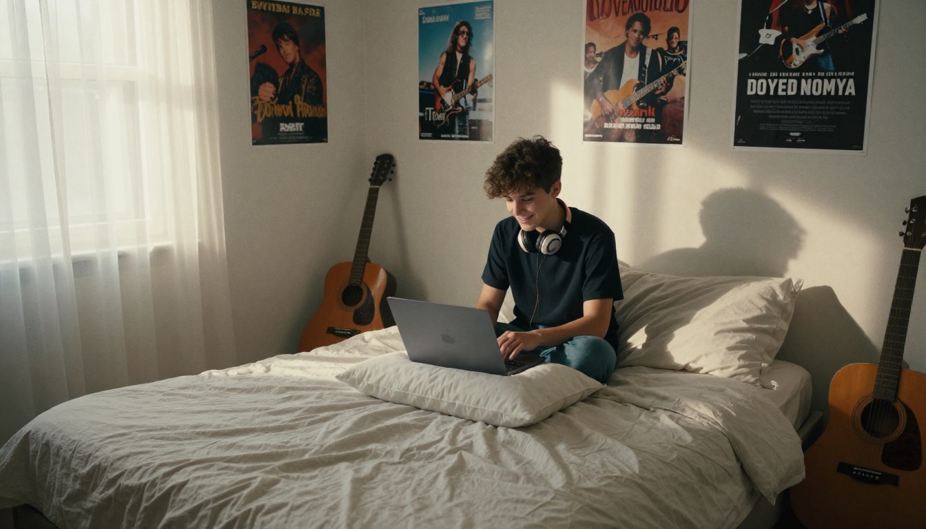 A teenager on a bed with a laptop, smiling at the screen in morning light