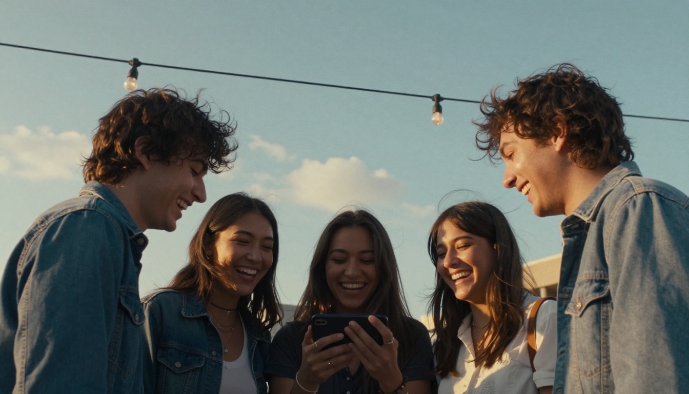 Five friends laughing together around a single phone on a city rooftop at golden hour