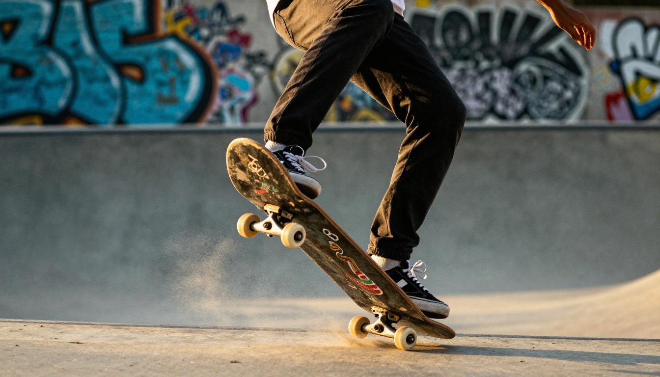Skateboarder frozen at the peak of a kickflip, a clip that begs for slow motion