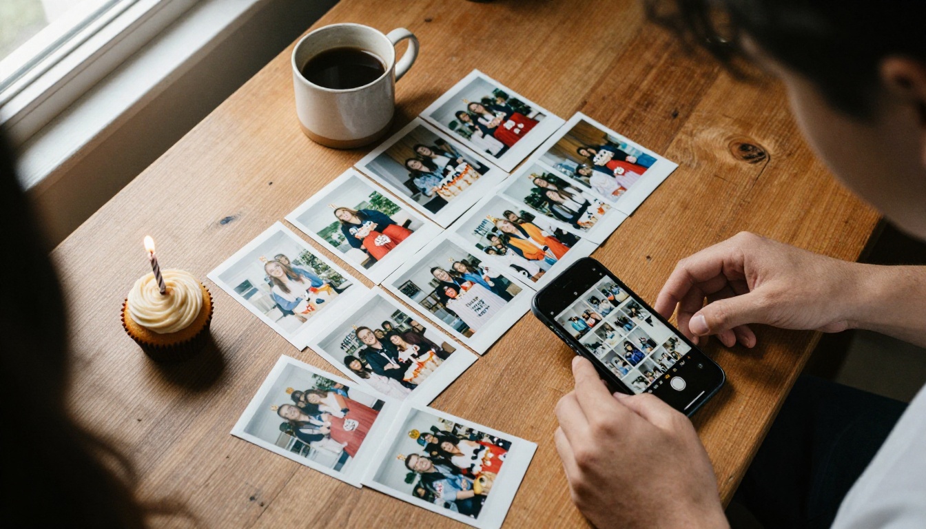 Hands sorting printed birthday photos into rows beside a phone photo gallery on an oak table
