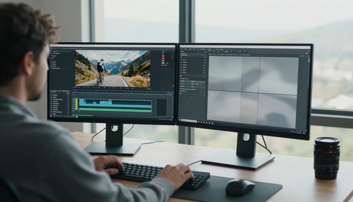 Video editor working on a timeline with a cyclist clip in a Premiere Pro style layout