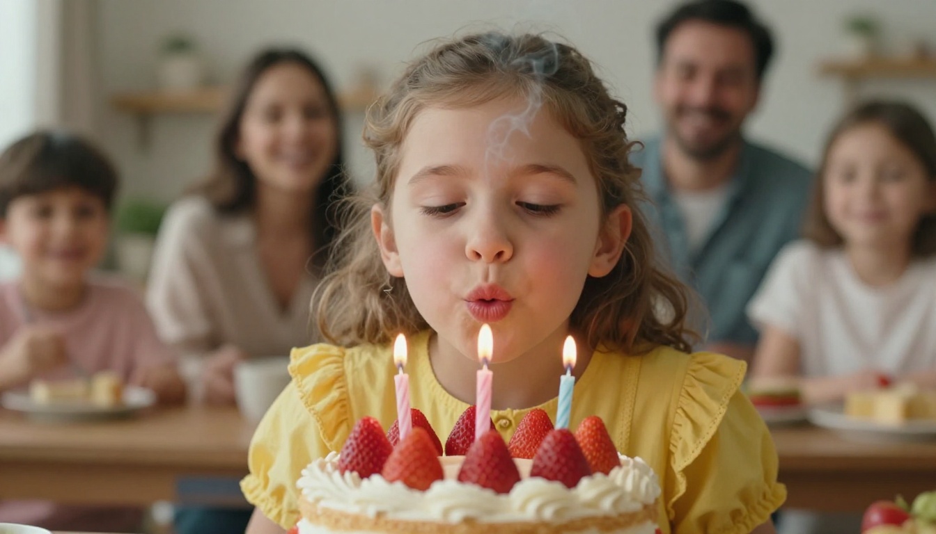 Low angle view of a girl in a yellow dress blowing out candles on a strawberry cake