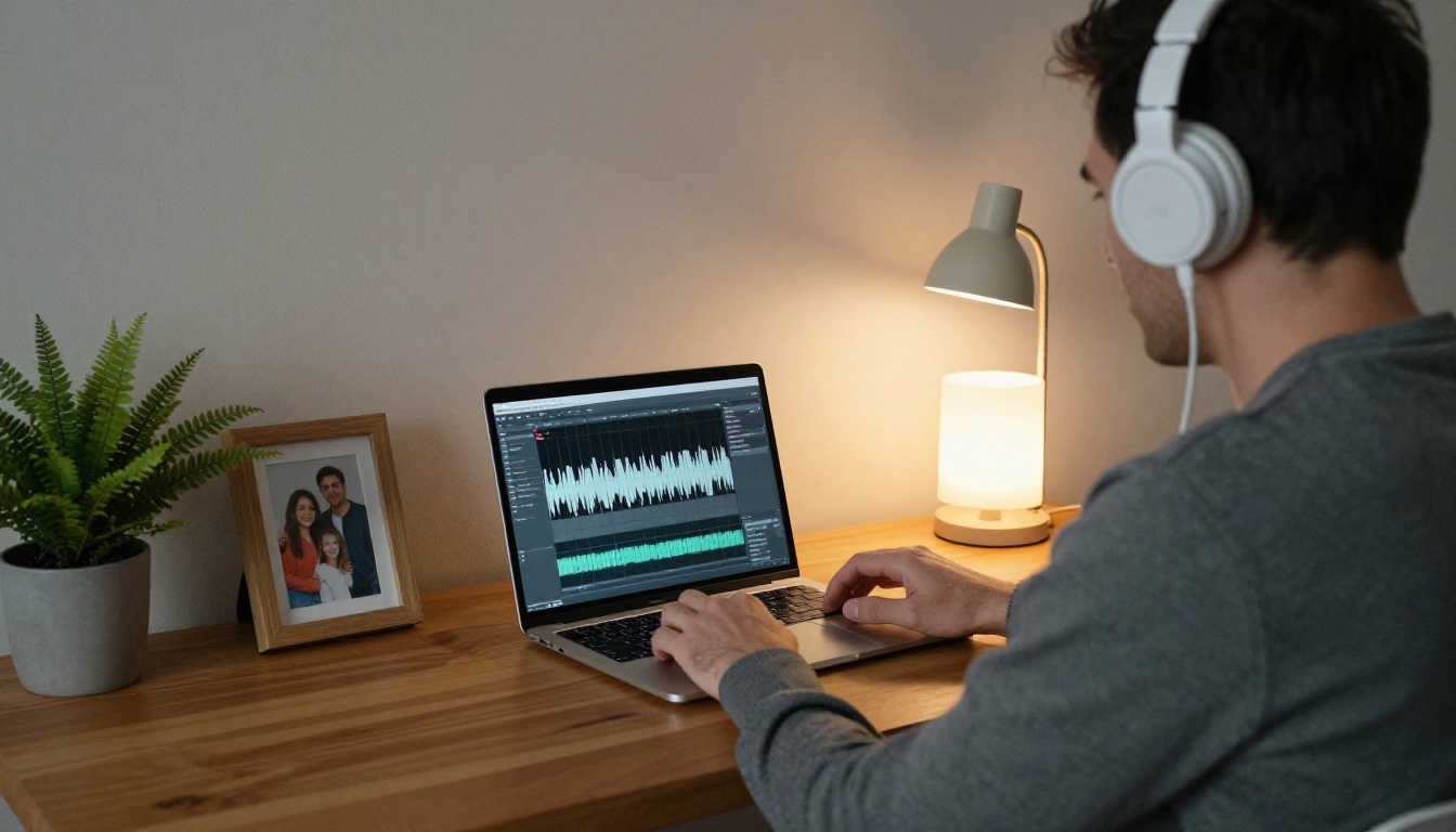 A man in white headphones at a desk with a laptop showing an audio waveform under a photo preview