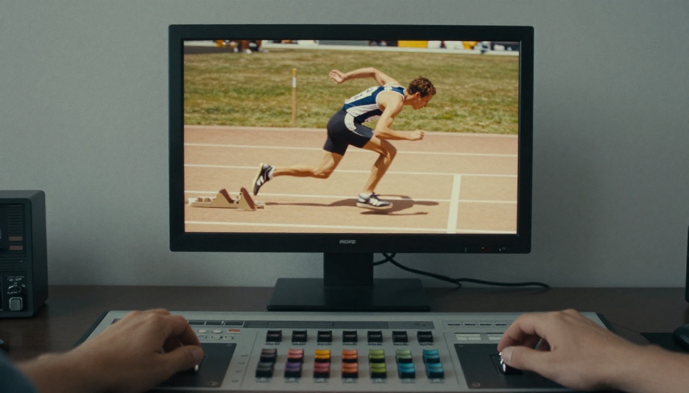Colorist suite with a grading panel and a reference monitor paused on a sprinter frame