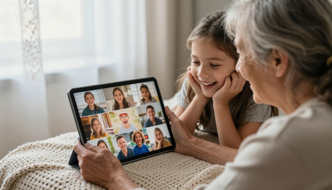A grandmother and her granddaughter watching a birthday photo slideshow together on a tablet under a knitted blanket