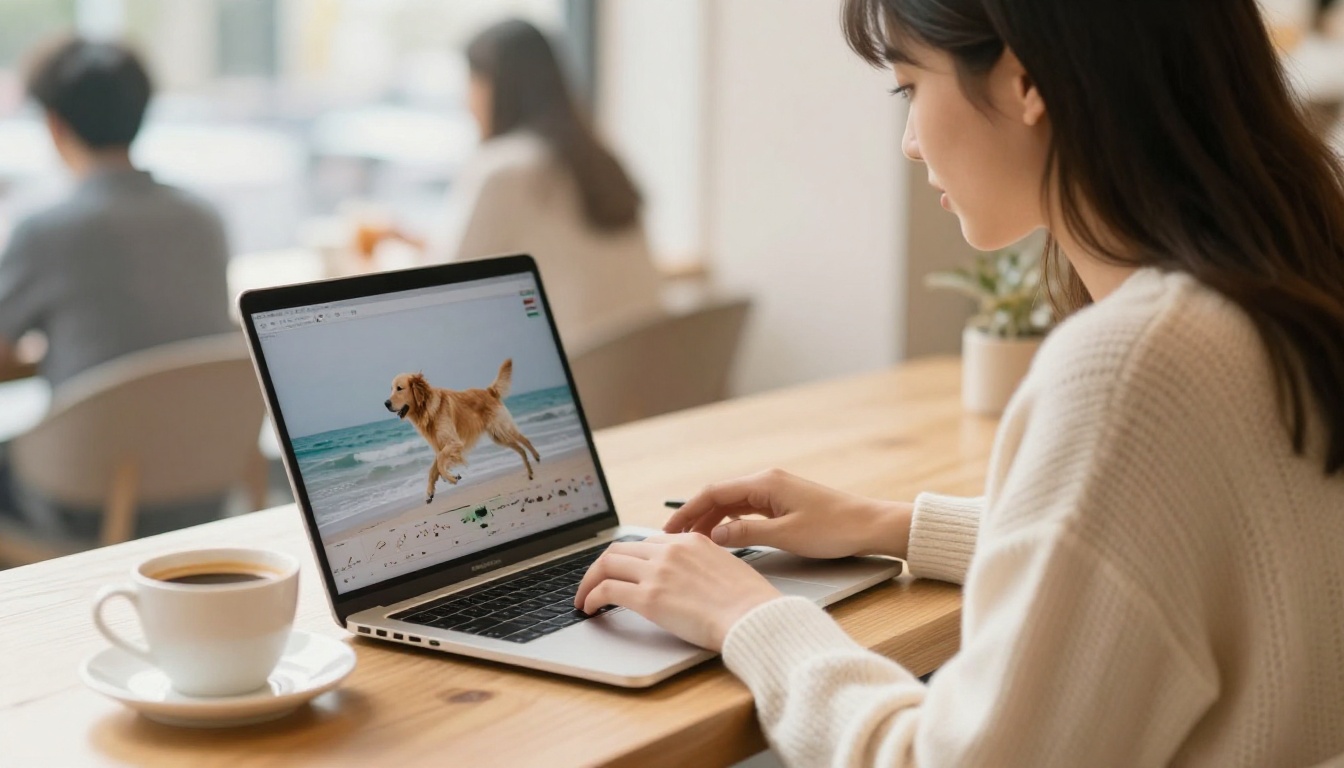 Young woman editing a short clip on a laptop in a sunlit cafe