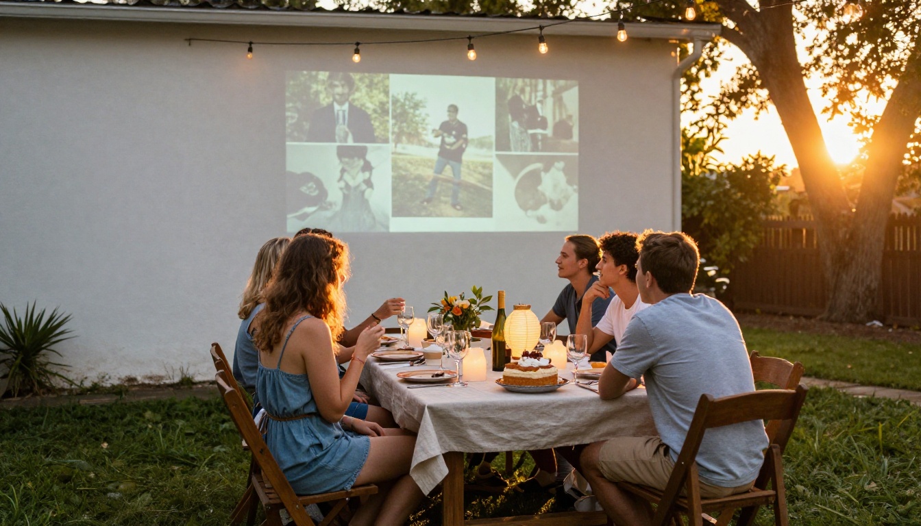 Friends and family at a backyard birthday table watching a photo slideshow projected on a white wall at golden hour