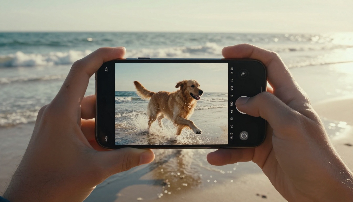 Hands holding a smartphone to film a golden retriever running through shallow surf