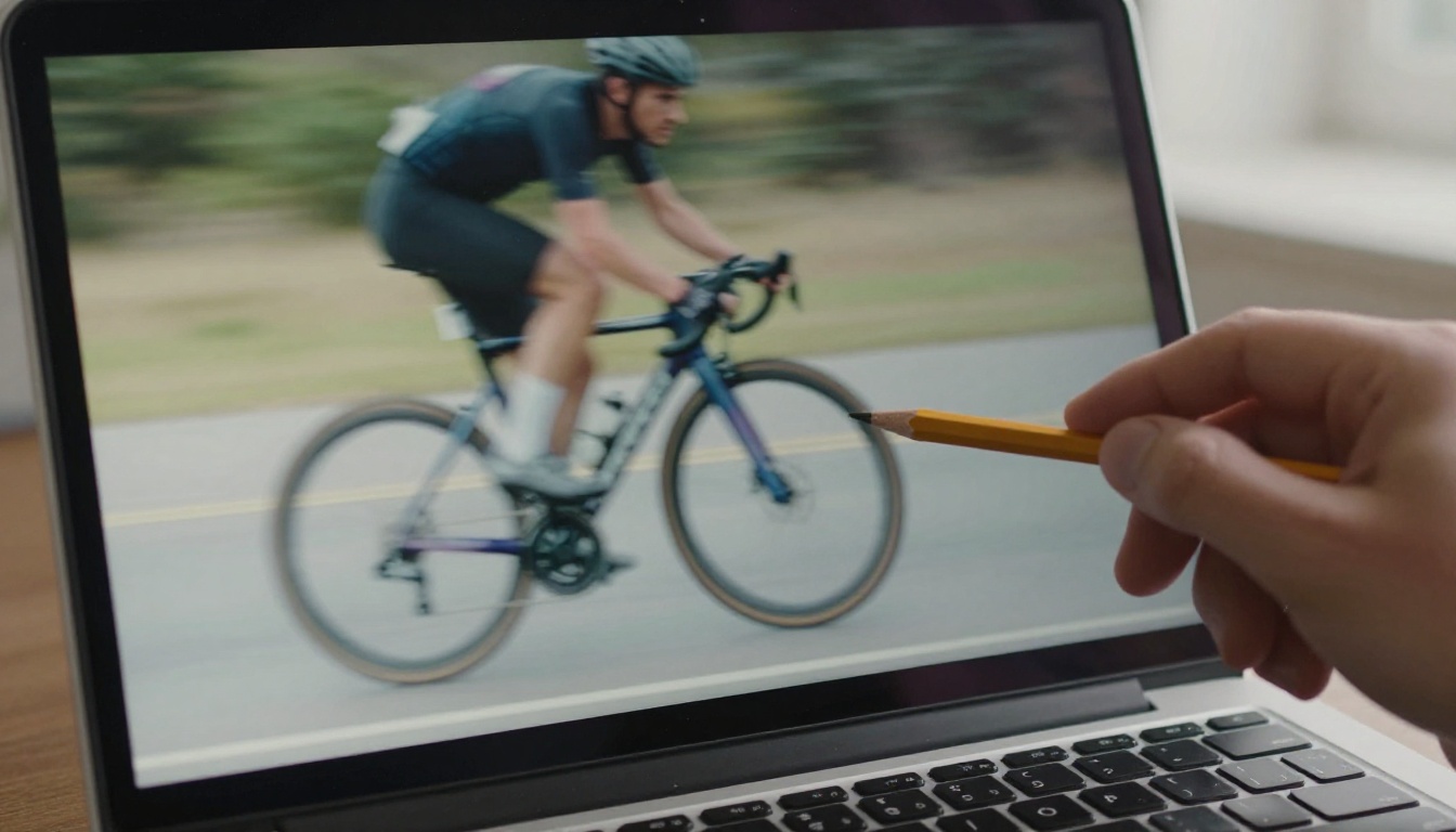 Laptop screen paused on a cyclist with ghost trails around the wheels