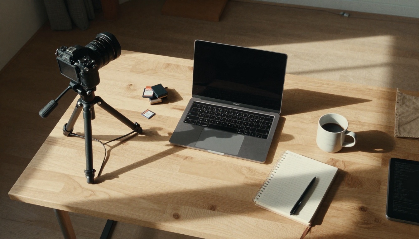 Creator desk seen from above with a laptop, a camera on a tripod and memory cards