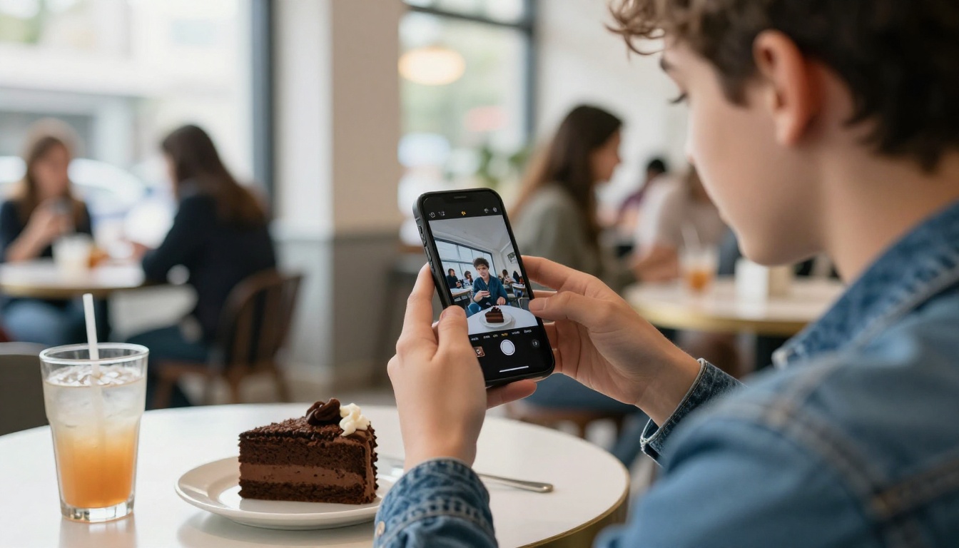 A teenager in a denim jacket watching a short vertical birthday clip on a smartphone at a cafe table