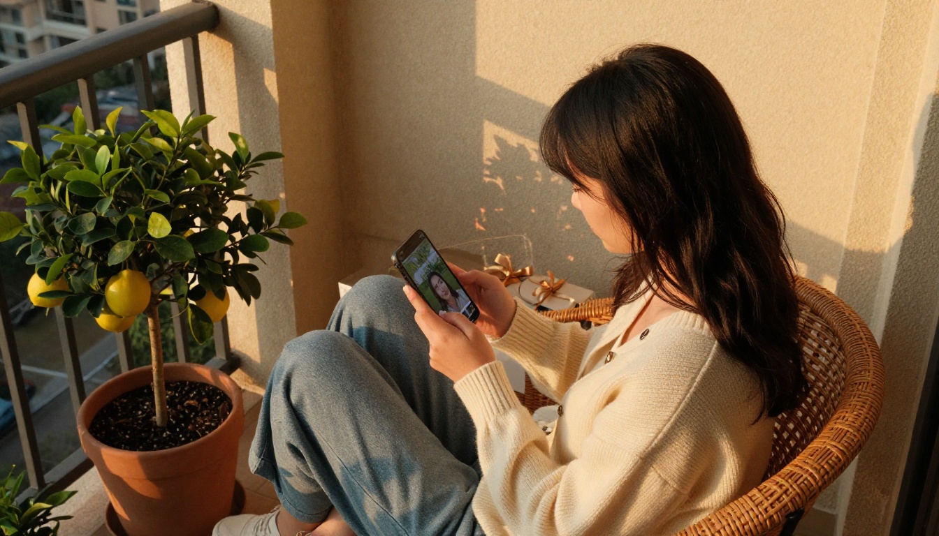 A woman on a balcony at sunset sending a birthday video from her phone with a small gift beside her