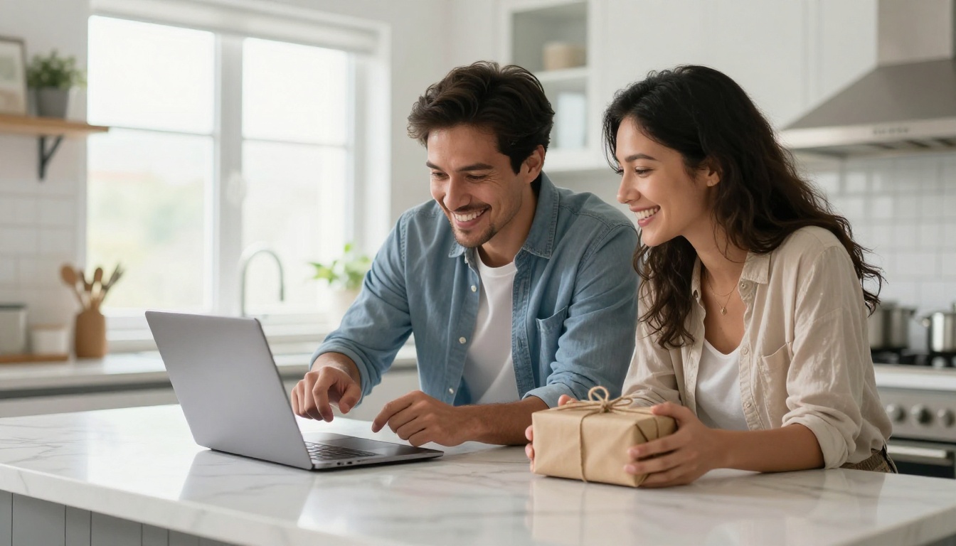 A smiling couple at a kitchen island watching a finished birthday video on a laptop while holding a wrapped gift