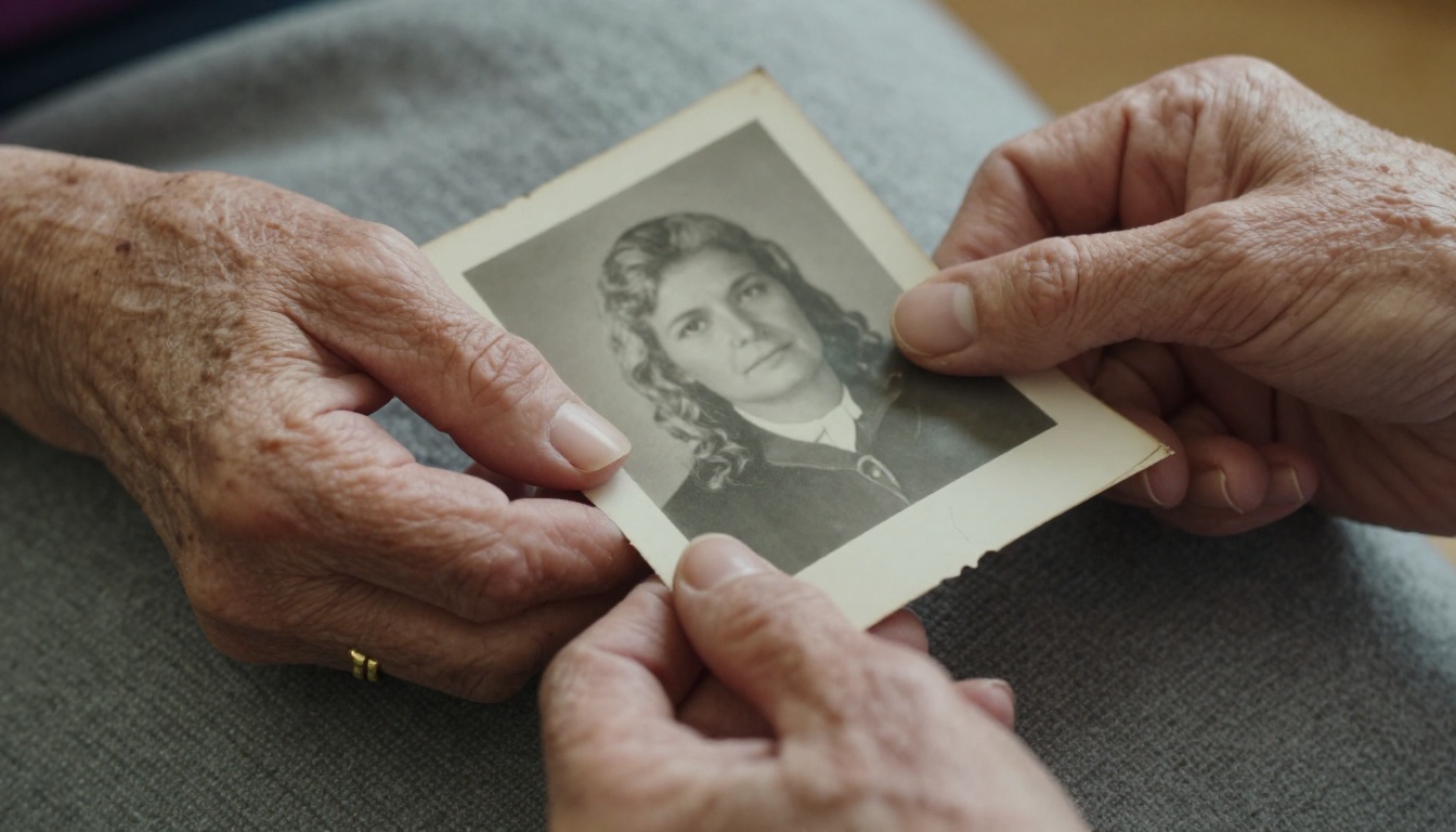 Elderly hands holding a creased vintage black and white portrait print