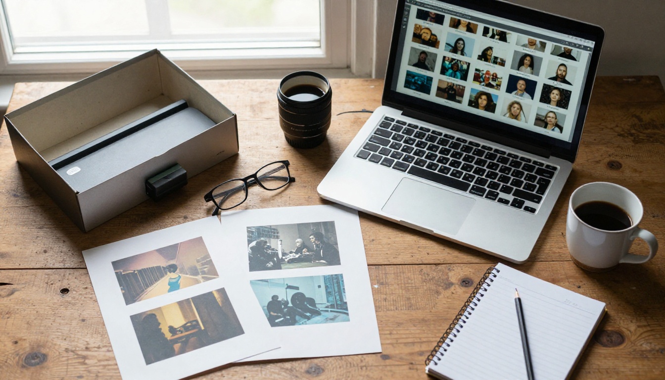 Overhead view of a desk with a flatbed scanner, a shoebox of old prints and a laptop showing portrait thumbnails