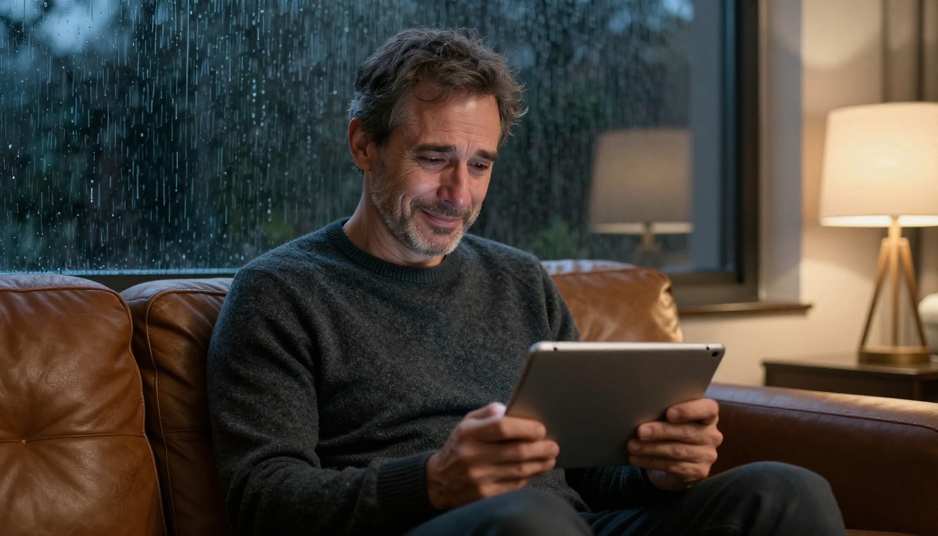 A middle-aged man smiling through tears while watching a tablet on a sofa at dusk