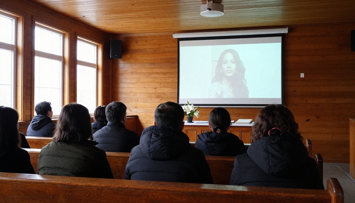 Rows of mourners facing a large projection screen in a small wooden funeral chapel