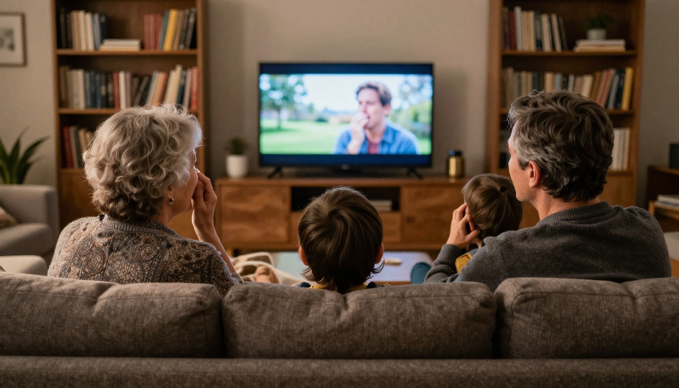 Three generations of a family sitting close under a blanket and watching a tribute video on a television