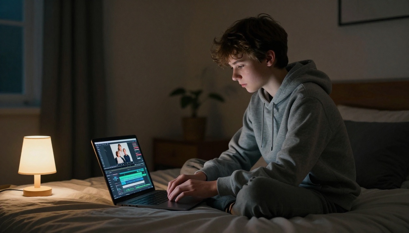 A teenage boy editing a tribute video timeline of family portraits on a laptop at night
