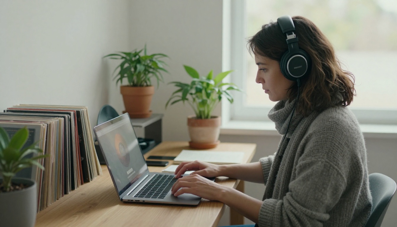A woman wearing headphones choosing a soundtrack on a laptop at a wooden desk