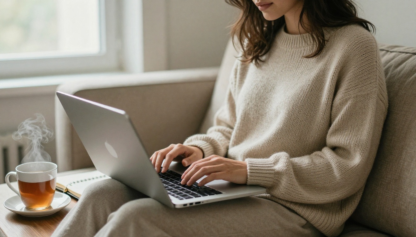 Young woman in a knit sweater typing a prompt on a laptop on a linen sofa with a mug of tea nearby