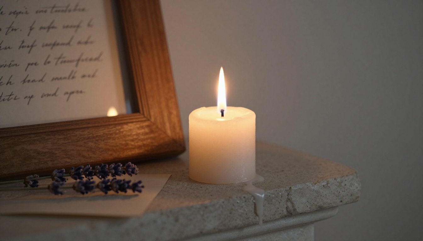 A white candle flame on a stone mantel beside a wooden frame and a folded handwritten letter