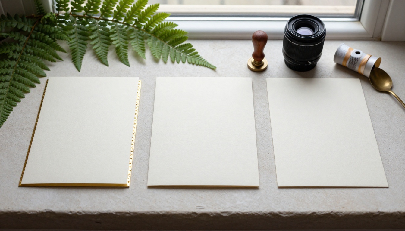 Three blank cream wedding invitation cards fanned on a pale stone surface with pressed ferns, sealing wax and ribbon
