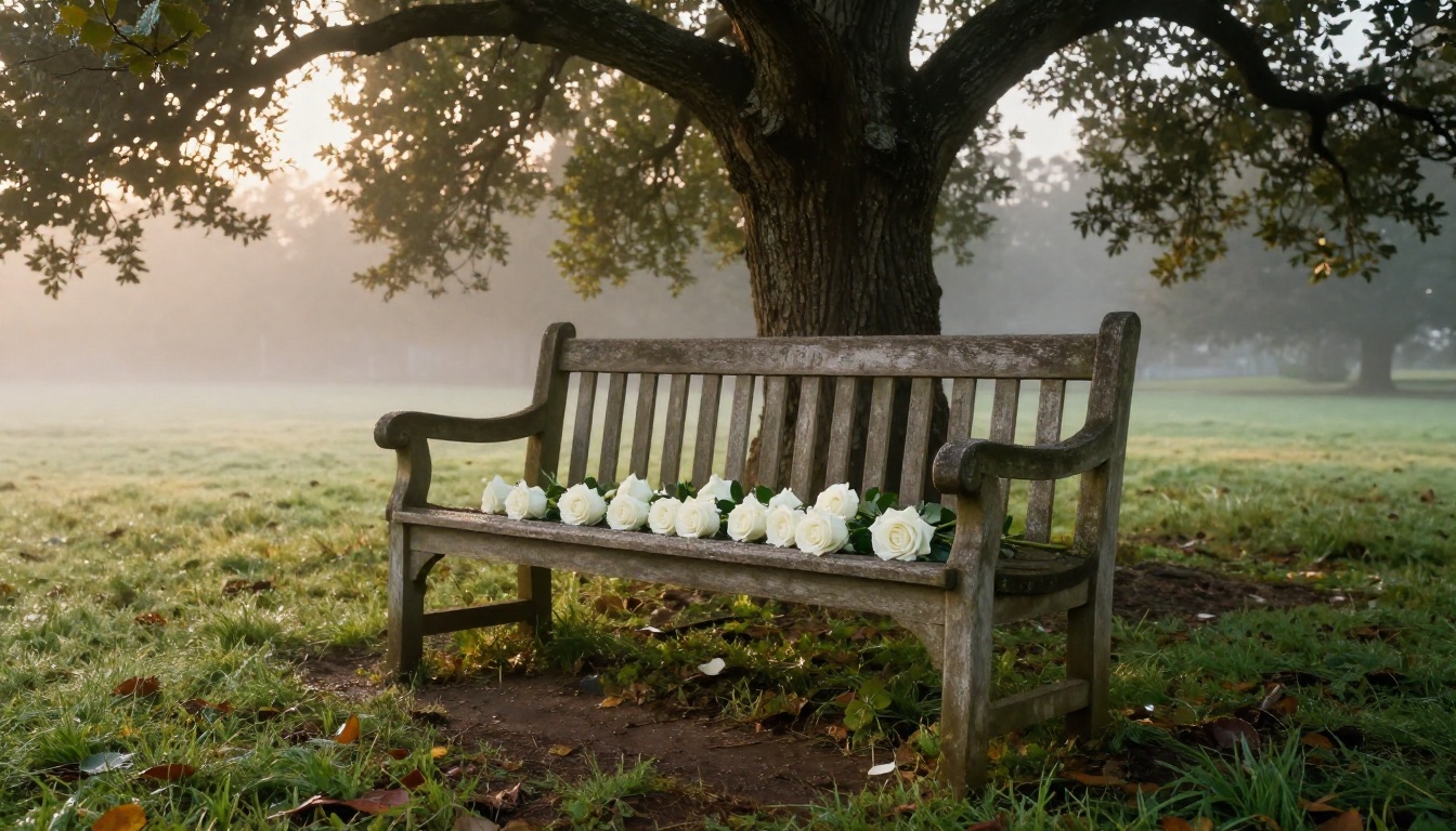 Weathered wooden bench with white roses under an oak tree in a memorial garden at sunrise